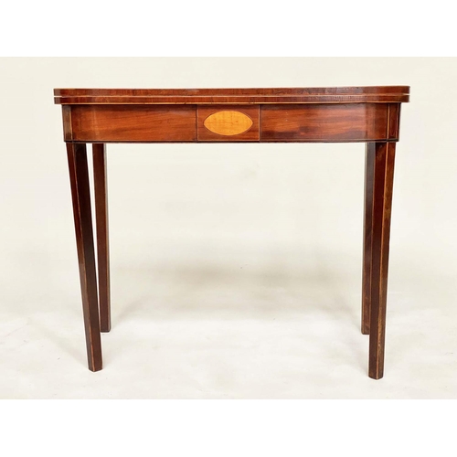 221 - CARD TABLE, George III mahogany and boxwood strung, D shaped foldover baize lined, 91cm x 44cm D x 7... 