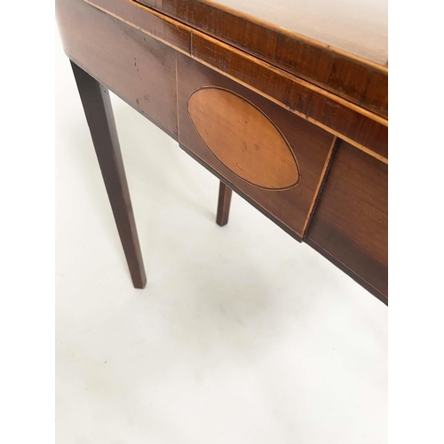 221 - CARD TABLE, George III mahogany and boxwood strung, D shaped foldover baize lined, 91cm x 44cm D x 7... 