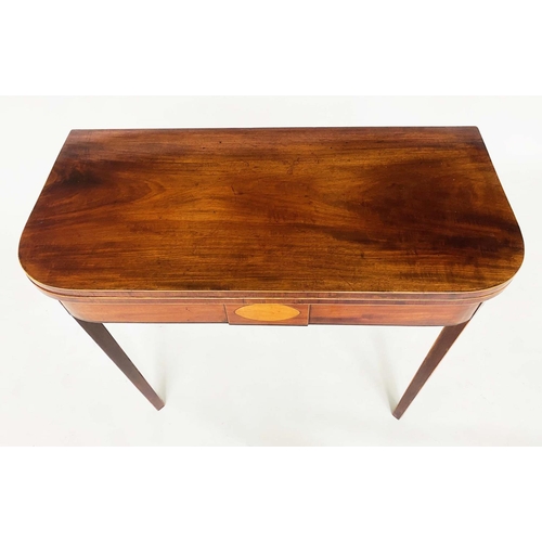 221 - CARD TABLE, George III mahogany and boxwood strung, D shaped foldover baize lined, 91cm x 44cm D x 7... 