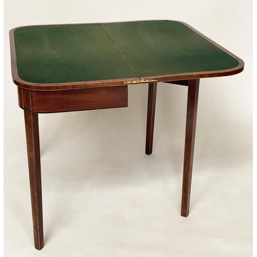 221 - CARD TABLE, George III mahogany and boxwood strung, D shaped foldover baize lined, 91cm x 44cm D x 7... 