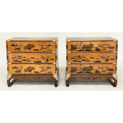 233 - CHESTS, a pair, Chinese, sienna lacquered chinoiserie decorated and silvered metal mounted each with... 