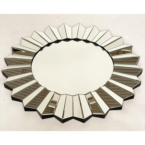 279 - PHARMORE LTD WALL MIRROR, with radial facetted mirror frame, 80cm diam.