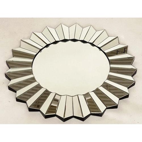 279 - PHARMORE LTD WALL MIRROR, with radial facetted mirror frame, 80cm diam.