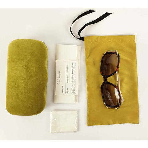 10 - GUCCI SUNGLASSES, square form, brown/gold with red and cream details, complete with case and pouch.