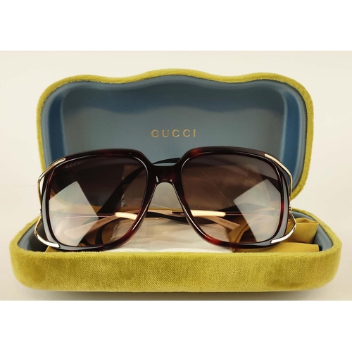 10 - GUCCI SUNGLASSES, square form, brown/gold with red and cream details, complete with case and pouch.