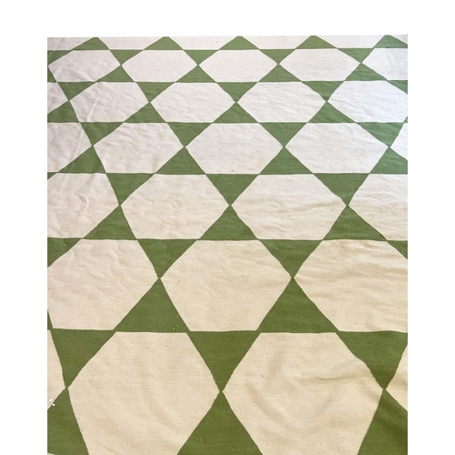 107 - AMY KENT FLATWEAVE RUG 445cm x 465cm, green geometric design.