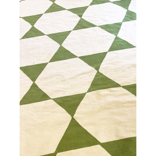 107 - AMY KENT FLATWEAVE RUG 445cm x 465cm, green geometric design.