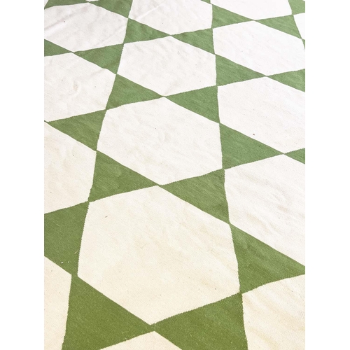 107 - AMY KENT FLATWEAVE RUG 445cm x 465cm, green geometric design.