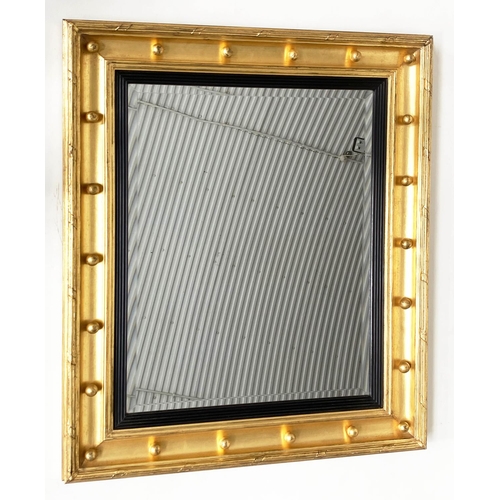 108 - WALL MIRROR, Regency style, with bevelled mirror plate, reeded slip and gilt ball and moulded frame,... 