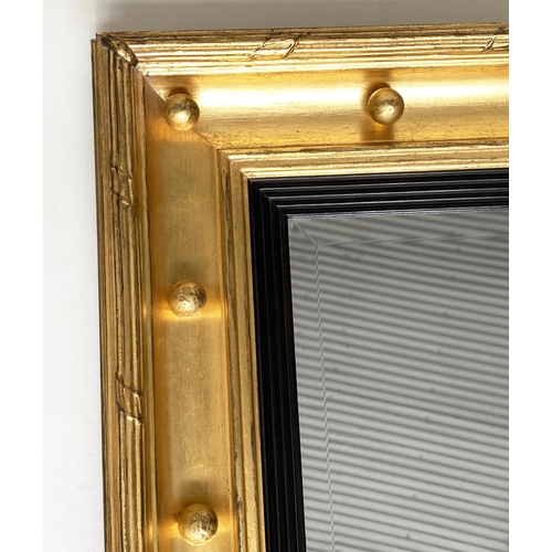 108 - WALL MIRROR, Regency style, with bevelled mirror plate, reeded slip and gilt ball and moulded frame,... 