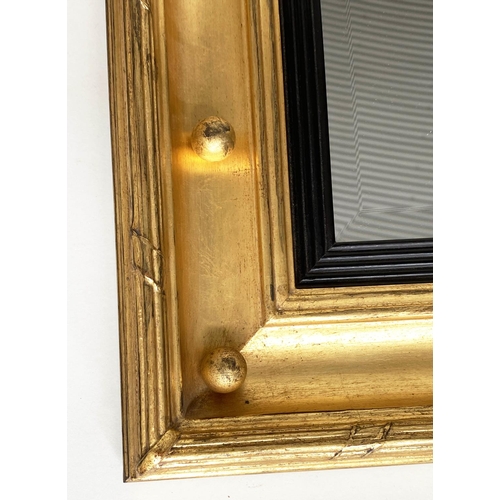 108 - WALL MIRROR, Regency style, with bevelled mirror plate, reeded slip and gilt ball and moulded frame,... 