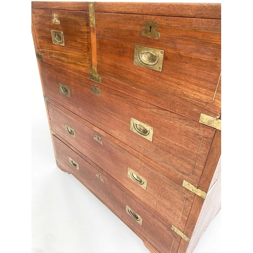 109 - CAMPAIGN STYLE CHEST, mid 20th century Indian, teak and brass bound with two short and three long dr... 