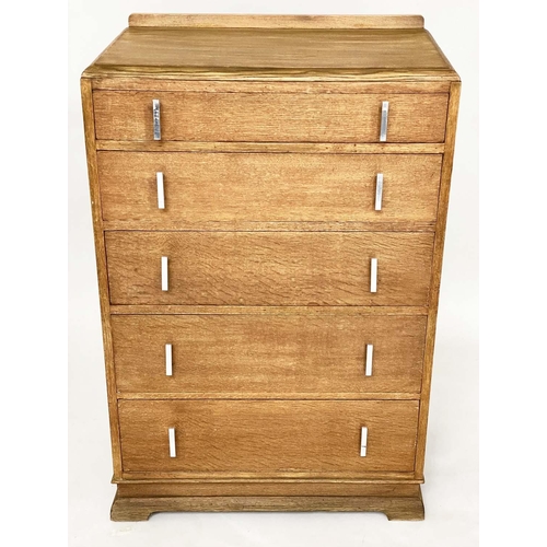 111 - ART DECO CHEST, oak with five long drawers and chrome handes, 76cm W x 46cm D x 112cm H.