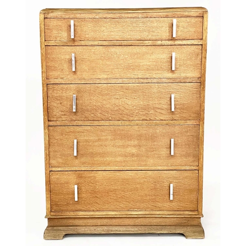 111 - ART DECO CHEST, oak with five long drawers and chrome handes, 76cm W x 46cm D x 112cm H.