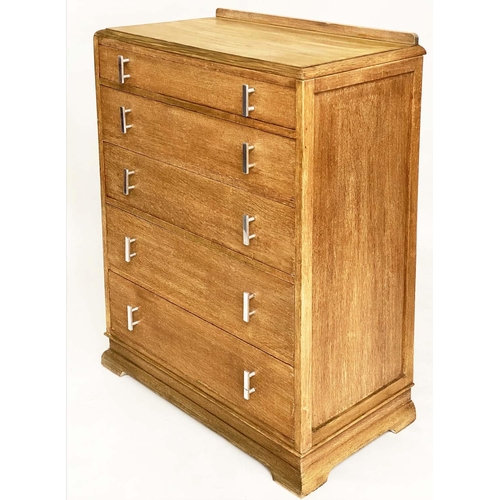 111 - ART DECO CHEST, oak with five long drawers and chrome handes, 76cm W x 46cm D x 112cm H.