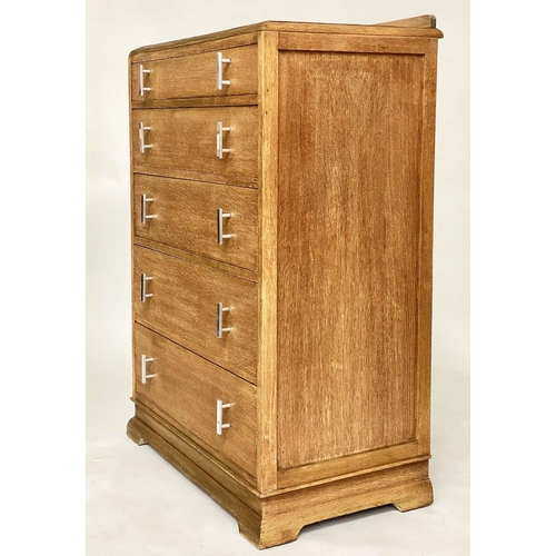 111 - ART DECO CHEST, oak with five long drawers and chrome handes, 76cm W x 46cm D x 112cm H.