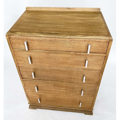 111 - ART DECO CHEST, oak with five long drawers and chrome handes, 76cm W x 46cm D x 112cm H.