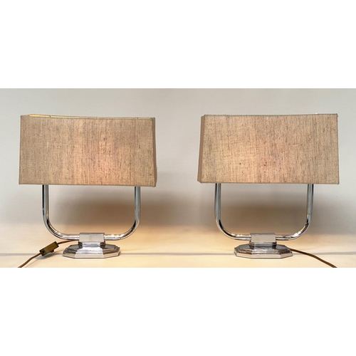 112 - ART DECO STYLE TABLE LAMPS, a pair, chromed with stepped plinths and shades, 43cm H. (2)