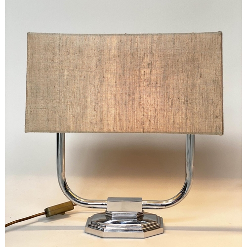 112 - ART DECO STYLE TABLE LAMPS, a pair, chromed with stepped plinths and shades, 43cm H. (2)