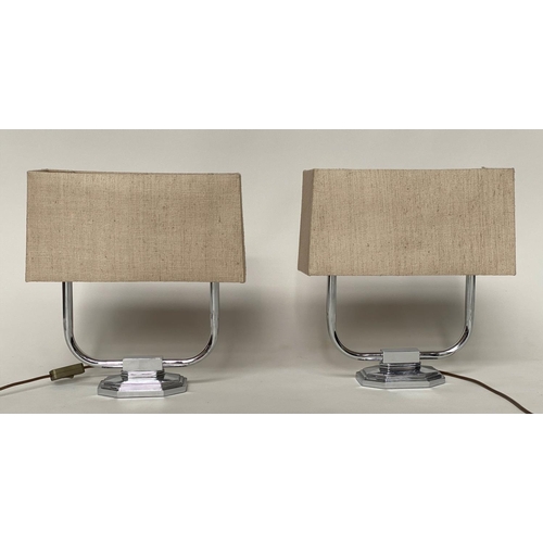 112 - ART DECO STYLE TABLE LAMPS, a pair, chromed with stepped plinths and shades, 43cm H. (2)