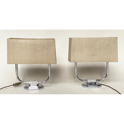 112 - ART DECO STYLE TABLE LAMPS, a pair, chromed with stepped plinths and shades, 43cm H. (2)