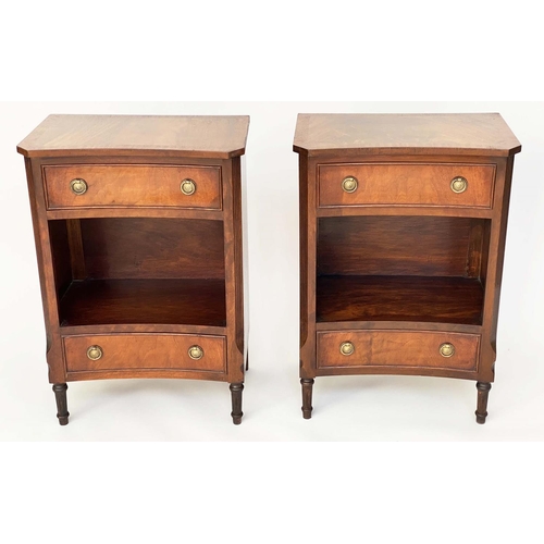 113 - BEDSIDE/LAMP TABLES, a pair, George III design flame mahogany and crossbanded, each concave with two... 