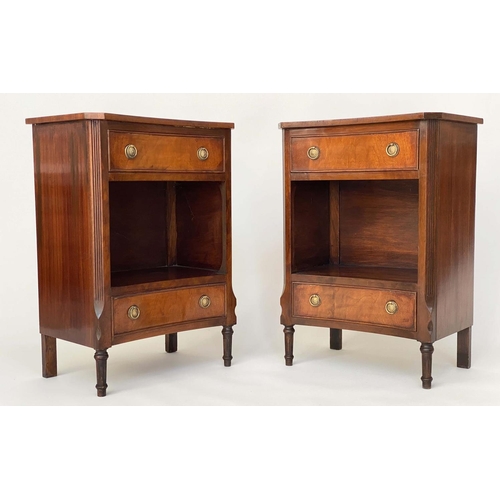 113 - BEDSIDE/LAMP TABLES, a pair, George III design flame mahogany and crossbanded, each concave with two... 