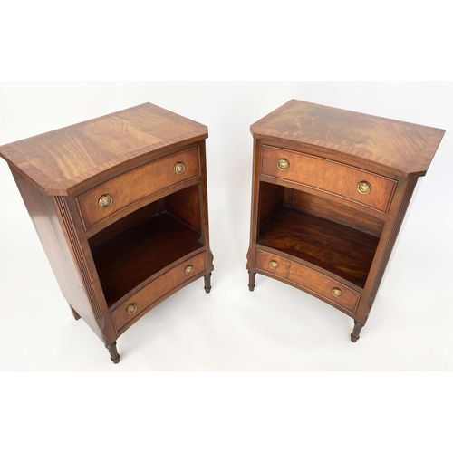 113 - BEDSIDE/LAMP TABLES, a pair, George III design flame mahogany and crossbanded, each concave with two... 