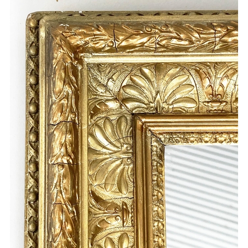 114 - WALL MIRROR, early 20th century giltwood and gesso rectangular with anthemion decorated framed.