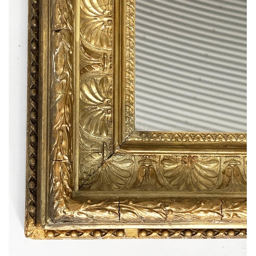 114 - WALL MIRROR, early 20th century giltwood and gesso rectangular with anthemion decorated framed.