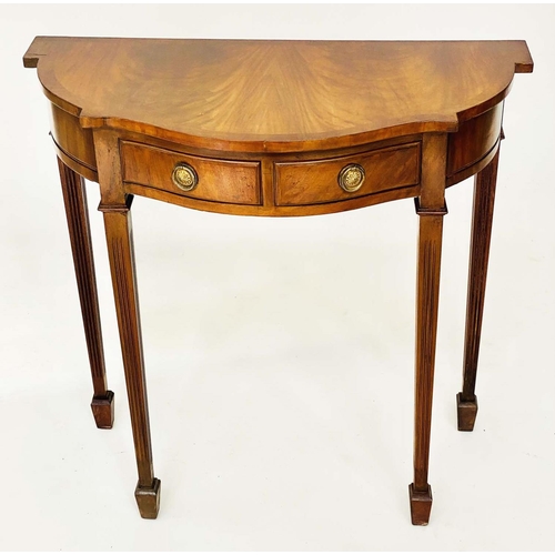 115 - HALL TABLE, George III design flame mahogany and crossbanded of bowed outline with two frieze drawer... 