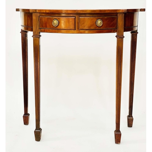 115 - HALL TABLE, George III design flame mahogany and crossbanded of bowed outline with two frieze drawer... 