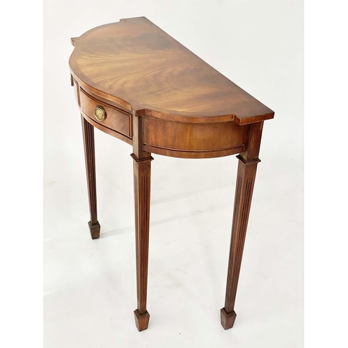 115 - HALL TABLE, George III design flame mahogany and crossbanded of bowed outline with two frieze drawer... 