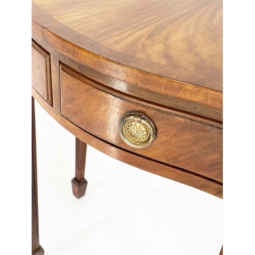 115 - HALL TABLE, George III design flame mahogany and crossbanded of bowed outline with two frieze drawer... 