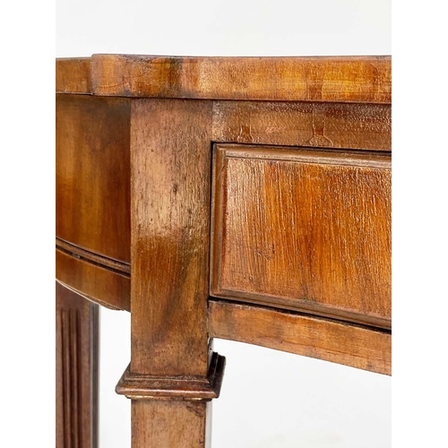 115 - HALL TABLE, George III design flame mahogany and crossbanded of bowed outline with two frieze drawer... 