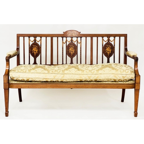 116 - HALL BENCH, early 20th century Edwardian mahogany and marquetry with oval panelled back and golden s... 