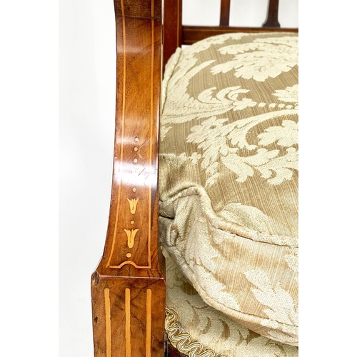 116 - HALL BENCH, early 20th century Edwardian mahogany and marquetry with oval panelled back and golden s... 