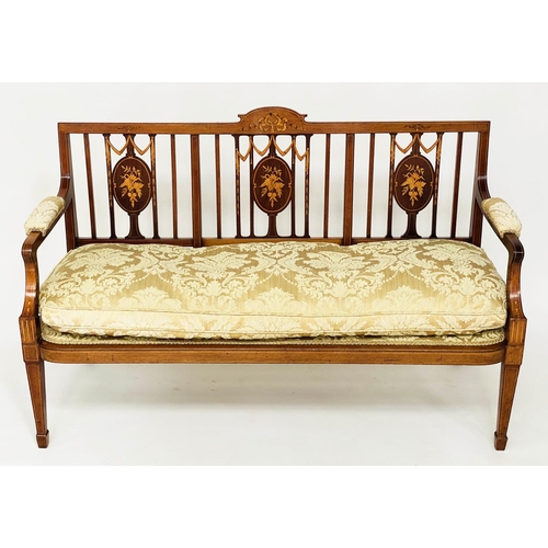 116 - HALL BENCH, early 20th century Edwardian mahogany and marquetry with oval panelled back and golden s... 