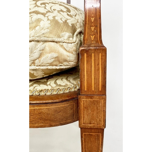 116 - HALL BENCH, early 20th century Edwardian mahogany and marquetry with oval panelled back and golden s... 