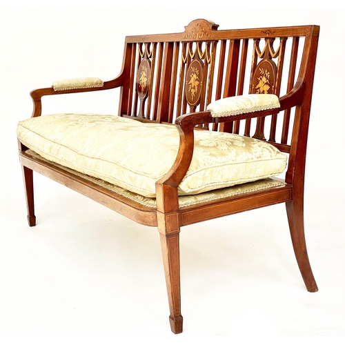 116 - HALL BENCH, early 20th century Edwardian mahogany and marquetry with oval panelled back and golden s... 