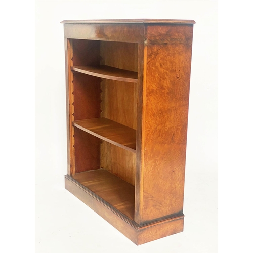 118 - OPEN BOOKCASE, Victorian style floor standing burr walnut with two adjustable shelves, 84cm x 118cm ... 