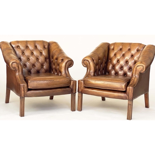 119 - LIBRARY ARMCHAIRS, a pair George III mahogany club style, buttoned tan leather upholstered with scro... 