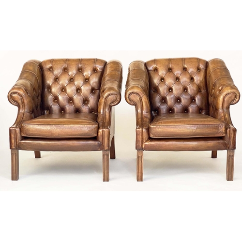 119 - LIBRARY ARMCHAIRS, a pair George III mahogany club style, buttoned tan leather upholstered with scro... 