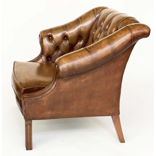 119 - LIBRARY ARMCHAIRS, a pair George III mahogany club style, buttoned tan leather upholstered with scro... 