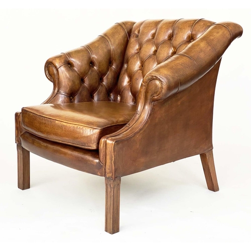 119 - LIBRARY ARMCHAIRS, a pair George III mahogany club style, buttoned tan leather upholstered with scro... 