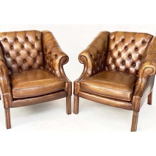 119 - LIBRARY ARMCHAIRS, a pair George III mahogany club style, buttoned tan leather upholstered with scro... 