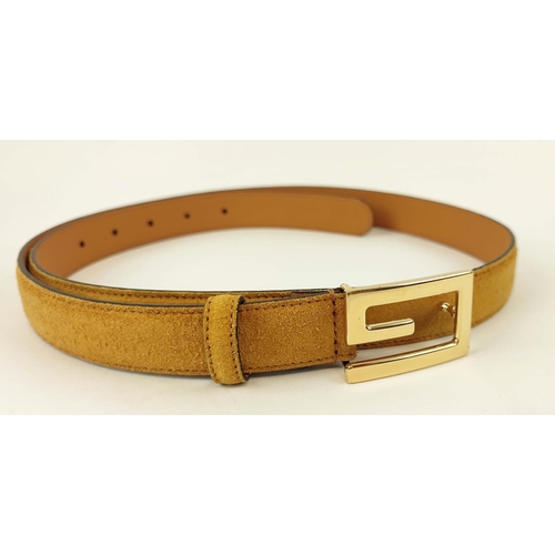 12 - GUCCI BELT MUSTARD SUEDE, with iconic square G logo buckle, gold tone hardware, tan leather on rever... 