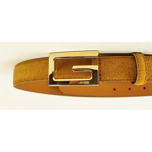 12 - GUCCI BELT MUSTARD SUEDE, with iconic square G logo buckle, gold tone hardware, tan leather on rever... 