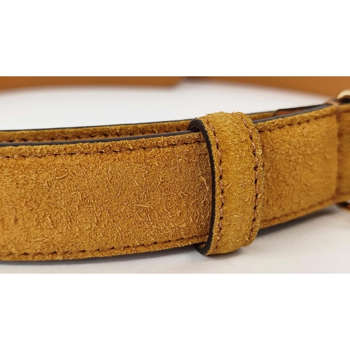 12 - GUCCI BELT MUSTARD SUEDE, with iconic square G logo buckle, gold tone hardware, tan leather on rever... 