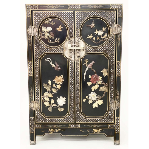 122 - CHINESE SIDE CABINET, early 20th century lacquered and gilt Chinoiserie decorated with soapstone mou... 